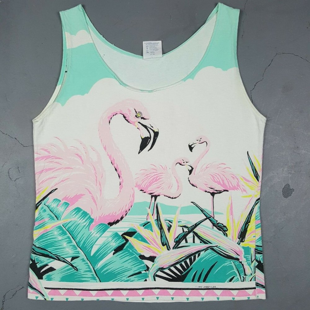 SOLD Vtg 90s Flamingo Womens Tank Top S All Tropical